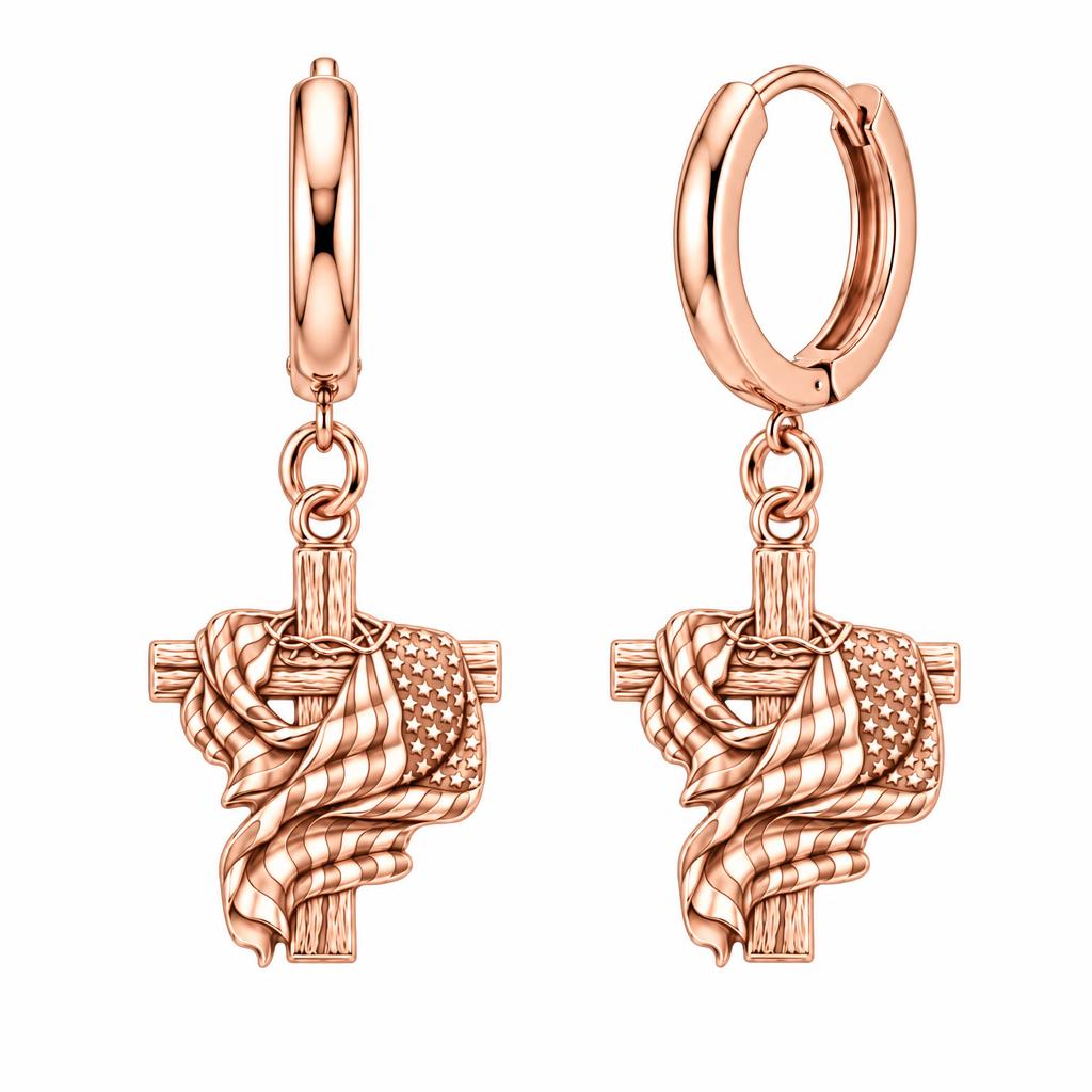 Faith and Freedom Cross Huggie Charm Earrings – rose gold, front view