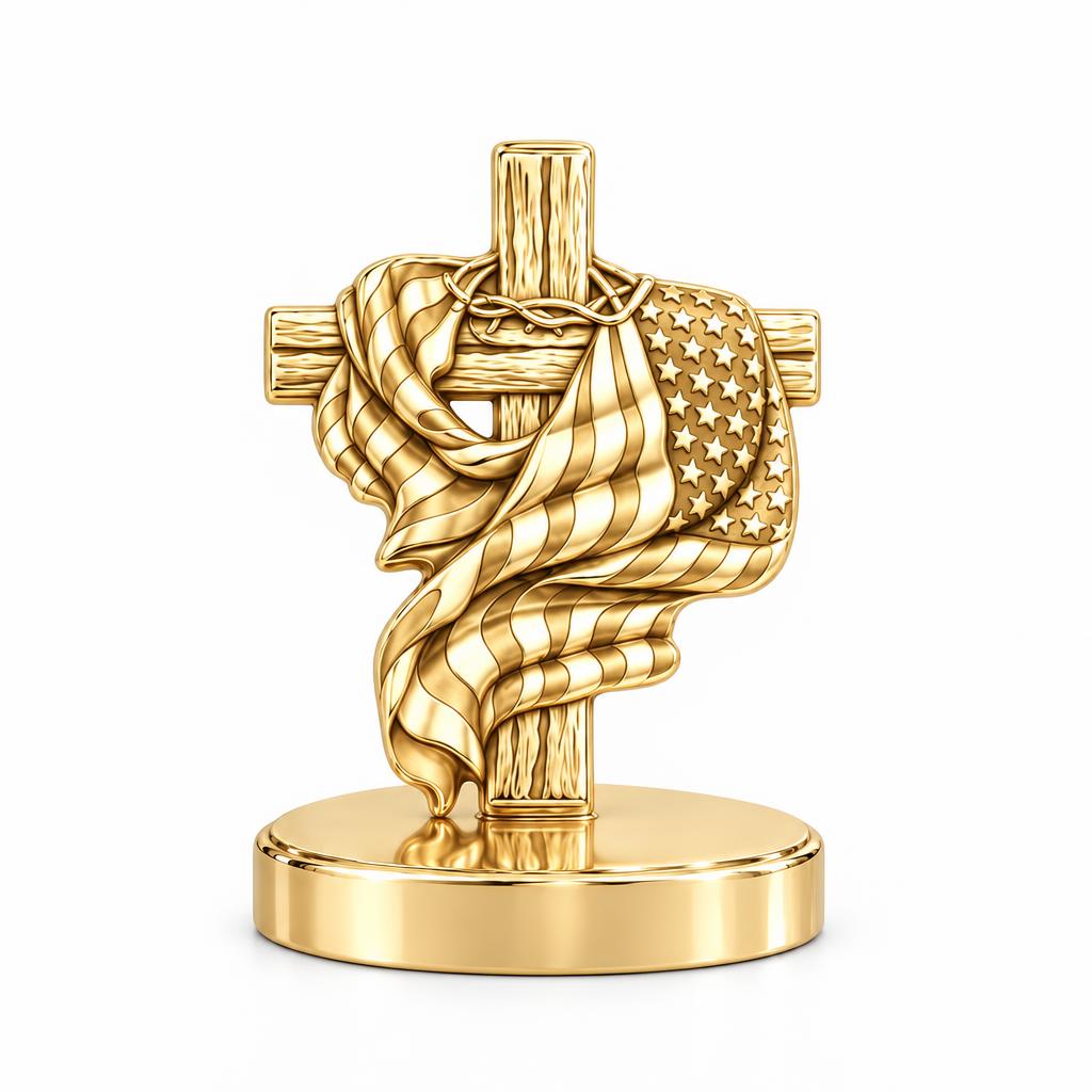 Faith and Freedom Cross Keepsake Plaque – 18K gold, front view