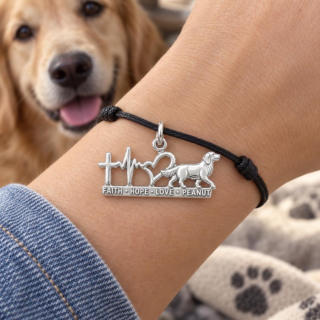Faith Hope Love Heartbeat Charm Bracelet – Personalized Dog Mom Gift – worn on the wrist on a black cord bracelet