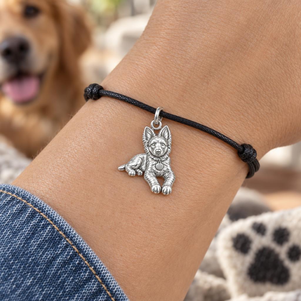 Faithful Companion Portrait Charm Bracelet – Personalized Dog Mom Gift – worn on the wrist on a black cord bracelet
