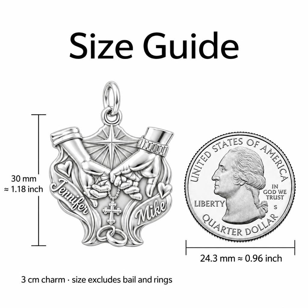 Faithful Union Pinky Swear Charm Bracelet – Personalized Couple Gift – size guide, 3 cm charm next to a quarter