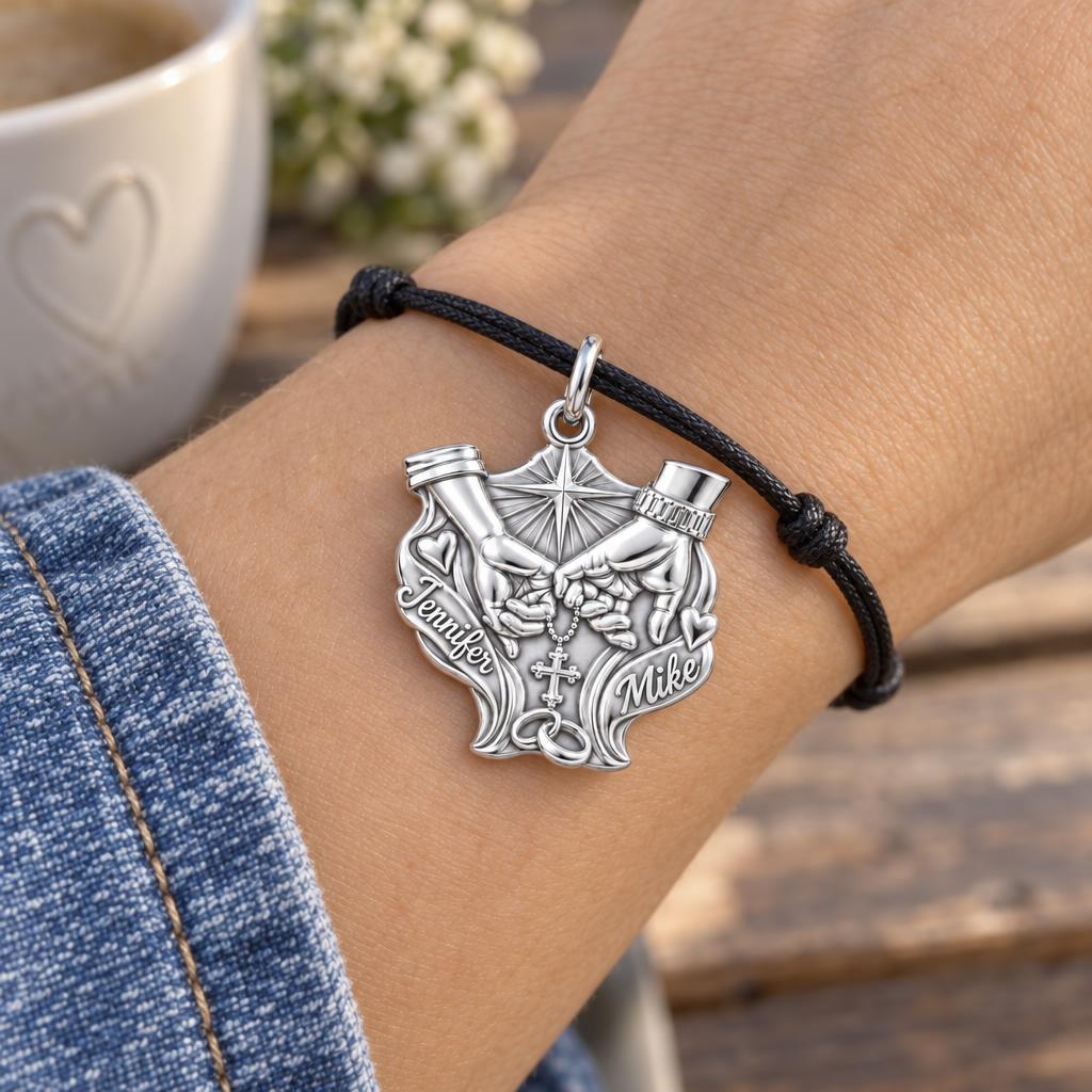 Faithful Union Pinky Swear Charm Bracelet – Personalized Couple Gift – worn on the wrist on a black cord bracelet