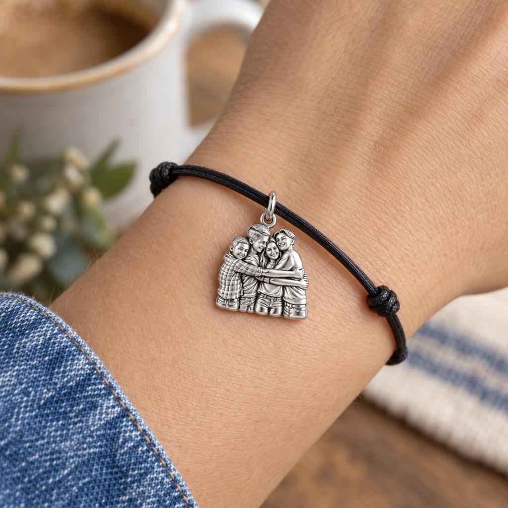 Family Group Hug Charm Bracelet – Personalized Mom Gift – worn on the wrist on a black cord bracelet