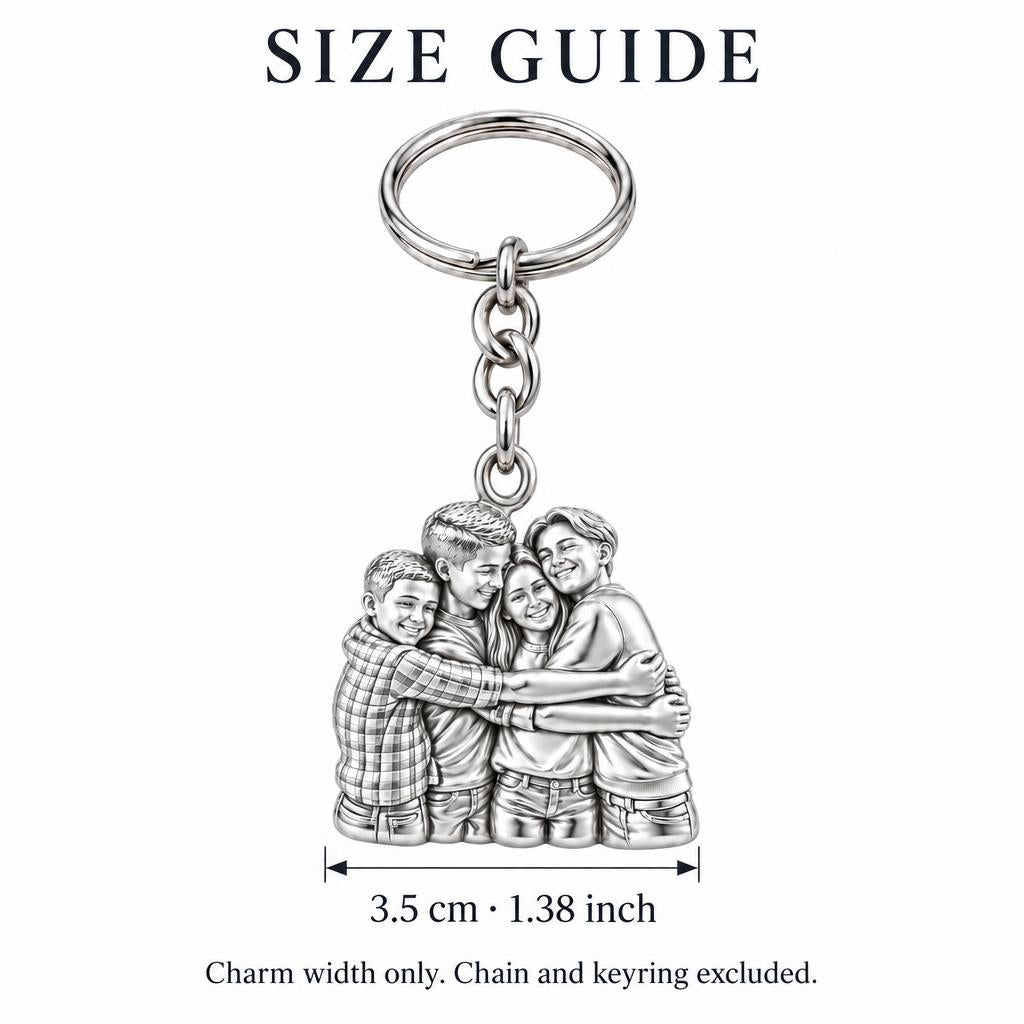 Family Group Hug Charm Keychain – size guide, 3.5 cm (1.38 in) charm, chain and keyring excluded