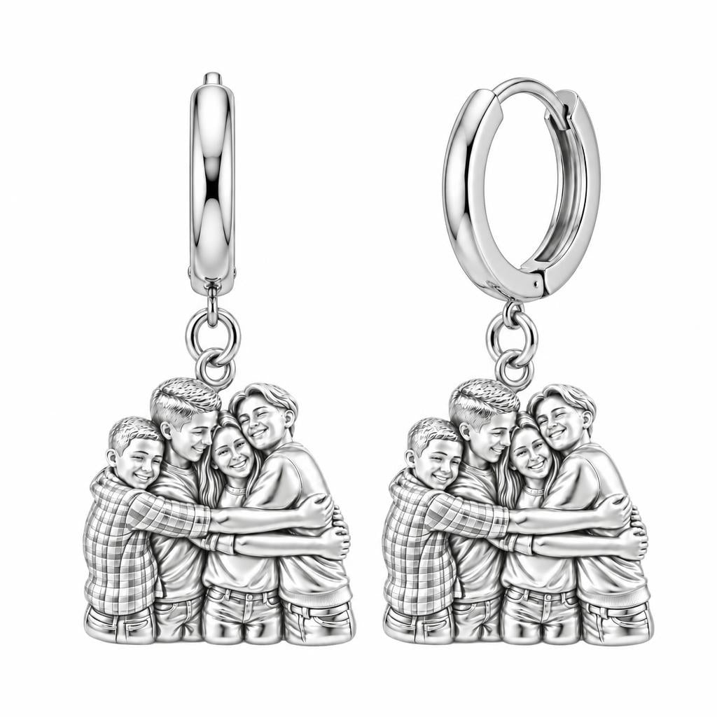 Family Group Hug Huggie Charm Earrings – silver, front view