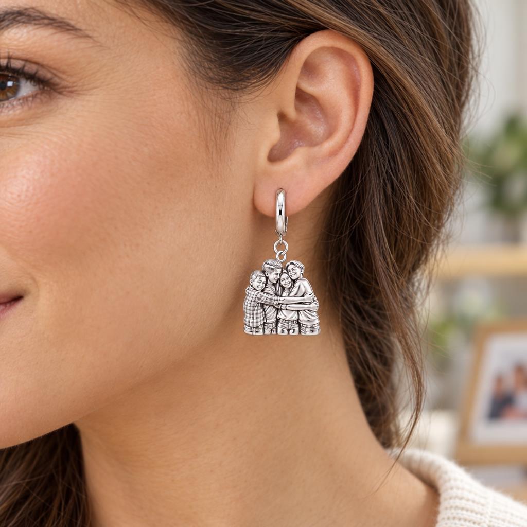 Family Group Hug Huggie Charm Earrings – worn / in use