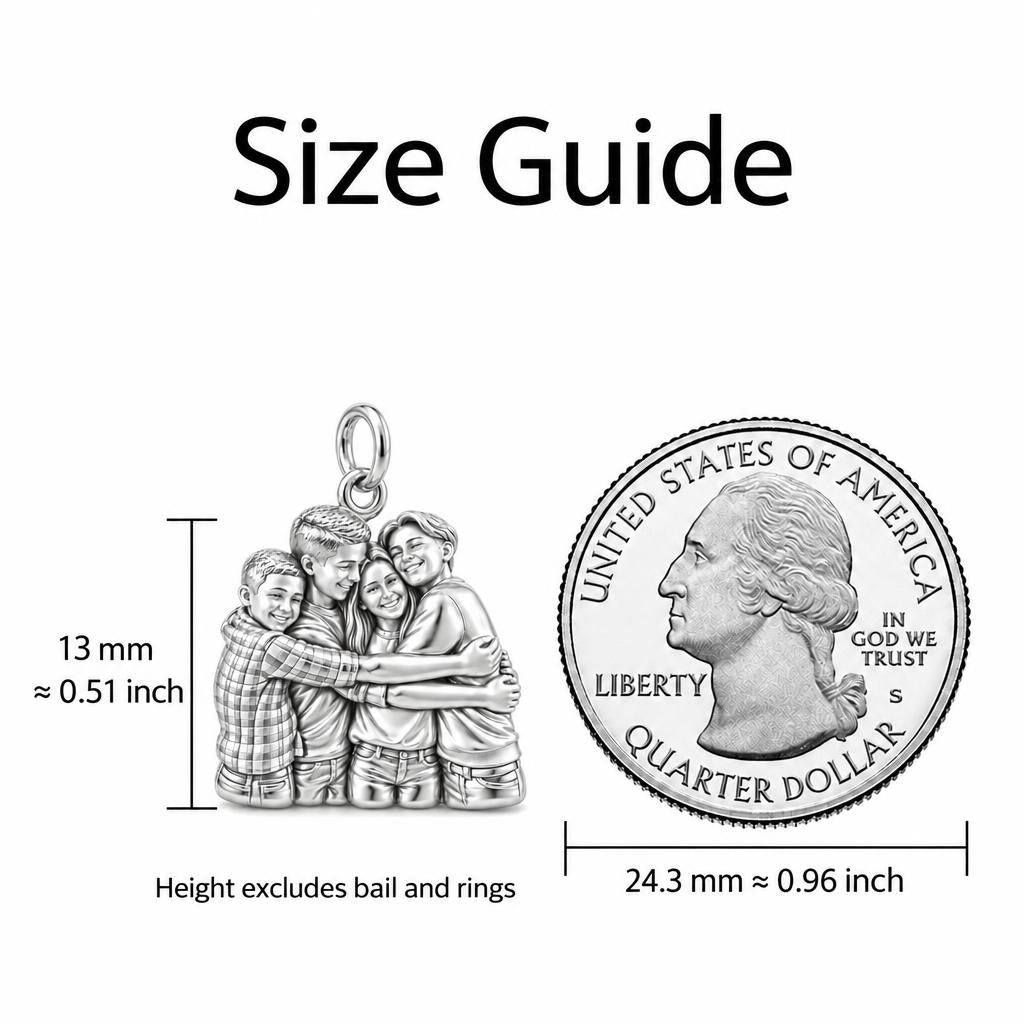 Family Group Hug Huggie Charm Earrings – size guide, 13 mm charm next to a quarter