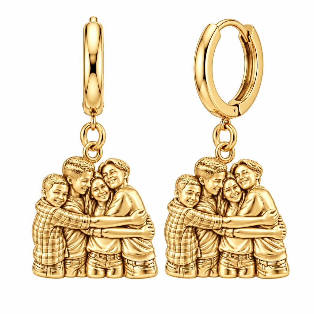 Family Group Hug Huggie Charm Earrings – 18K gold, front view