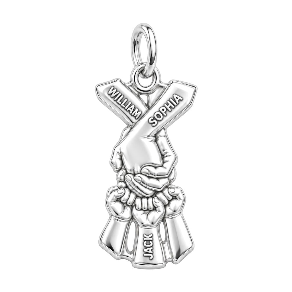 Family Hands United Charm Bracelet – Personalized Mom Gift – silver plated 3 cm charm, front view