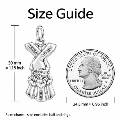 Family Hands United Charm Bracelet – Personalized Mom Gift – size guide, 3 cm charm next to a quarter