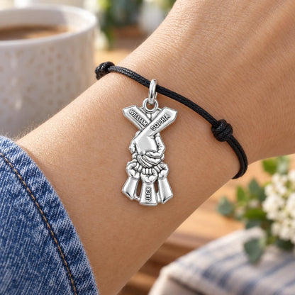 Family Hands United Charm Bracelet – Personalized Mom Gift – worn on the wrist on a black cord bracelet