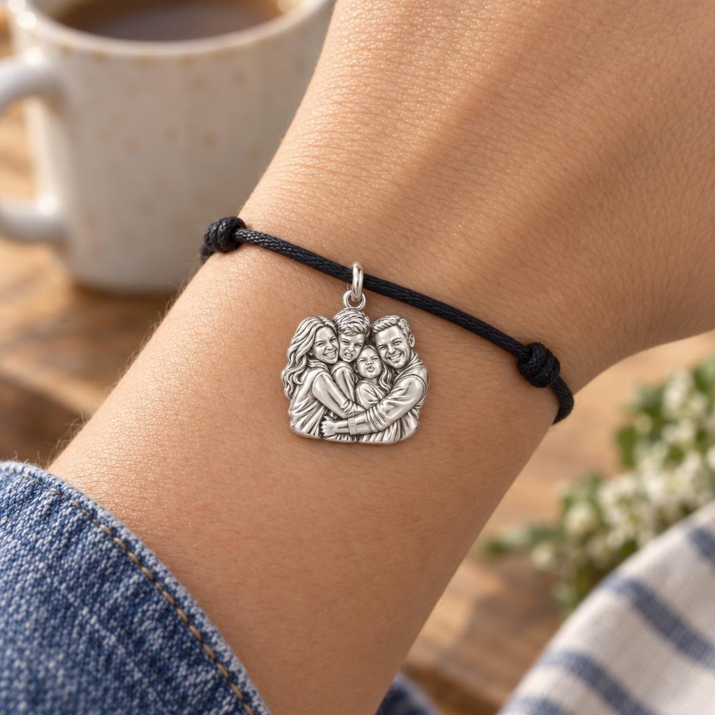 Family Happy Moment Charm Bracelet – Personalized Mom Gift – worn on the wrist on a black cord bracelet