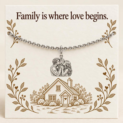 Family Is Where Love Begins Charm Bracelet Set – silver, on its message card