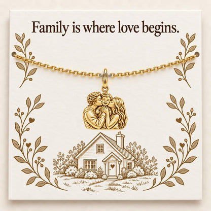 Family Is Where Love Begins Charm Bracelet Set – 18K gold, on its message card