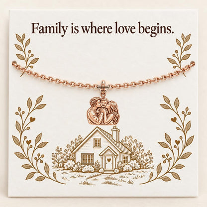 Family Is Where Love Begins Charm Bracelet Set – rose gold, on its message card