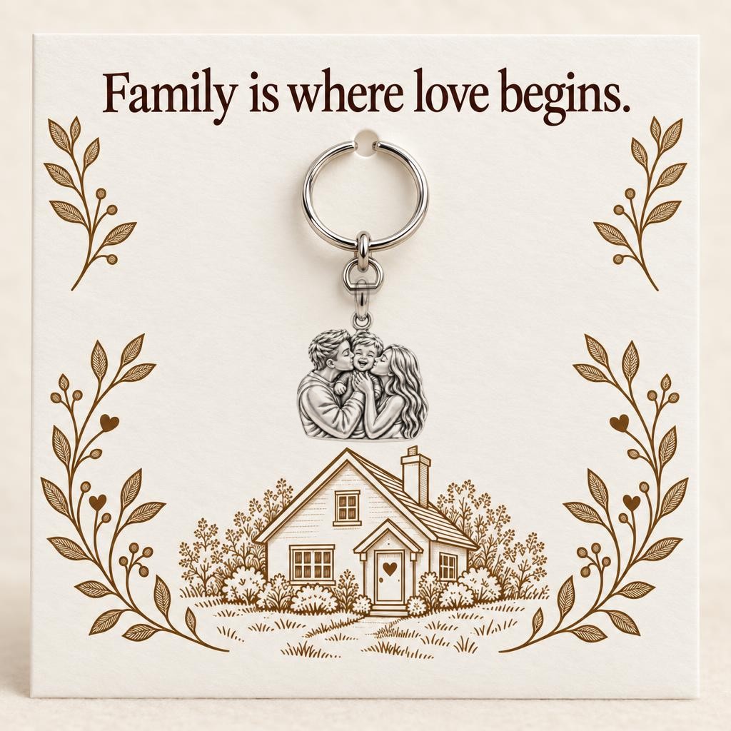 Family Is Where Love Begins Charm Keychain – silver, on its message card