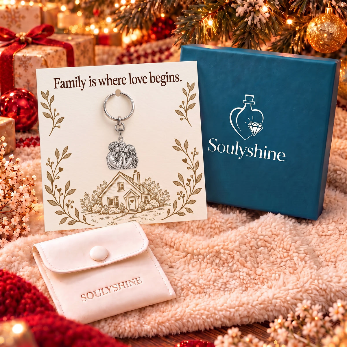 Family Is Where Love Begins Charm Keychain – gift box with the message card