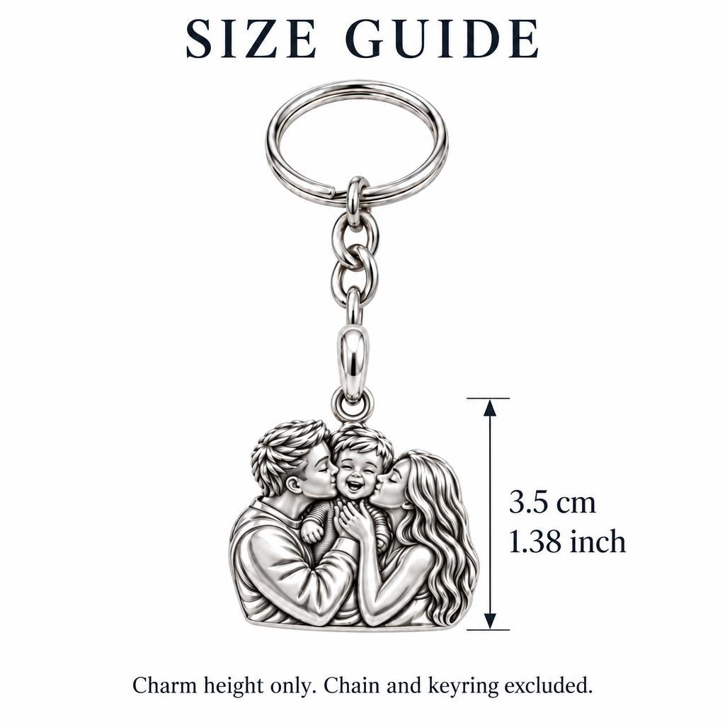 Family Is Where Love Begins Charm Keychain – size guide, 3.5 cm (1.38 in) charm, chain and keyring excluded