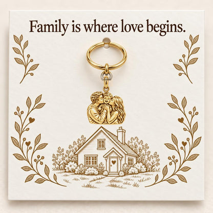 Family Is Where Love Begins Charm Keychain – 18K gold, on its message card