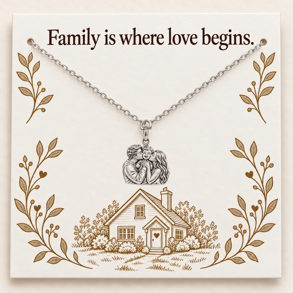 Family Is Where Love Begins Charm Necklace Set – silver, on its message card