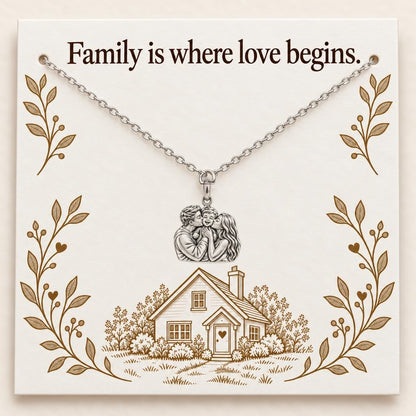 Family Is Where Love Begins Charm Necklace Set – silver, on its message card