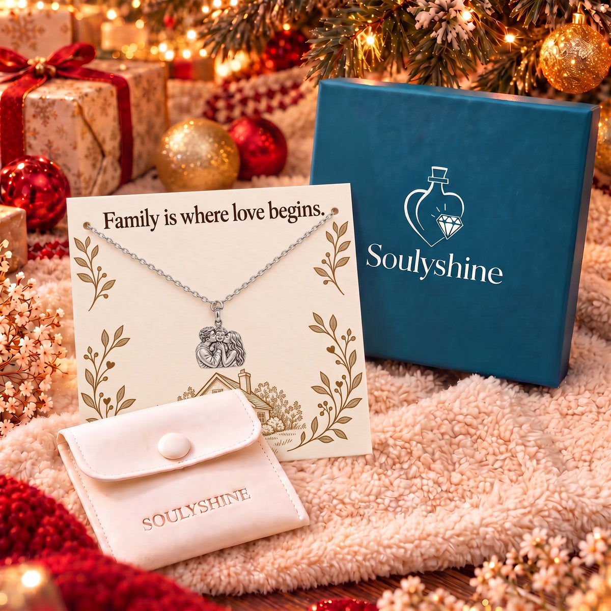 Family Is Where Love Begins Charm Necklace Set – gift box with the message card