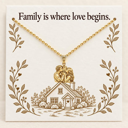 Family Is Where Love Begins Charm Necklace Set – 18K gold, on its message card