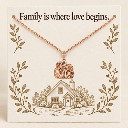 Family Is Where Love Begins Charm Necklace Set – rose gold, on its message card