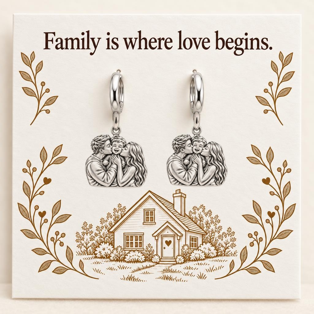 Family Is Where Love Begins Huggie Charm Earrings – silver, on its message card