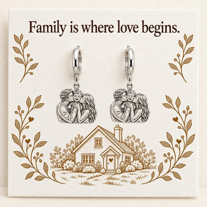 Family Is Where Love Begins Huggie Charm Earrings – silver, on its message card