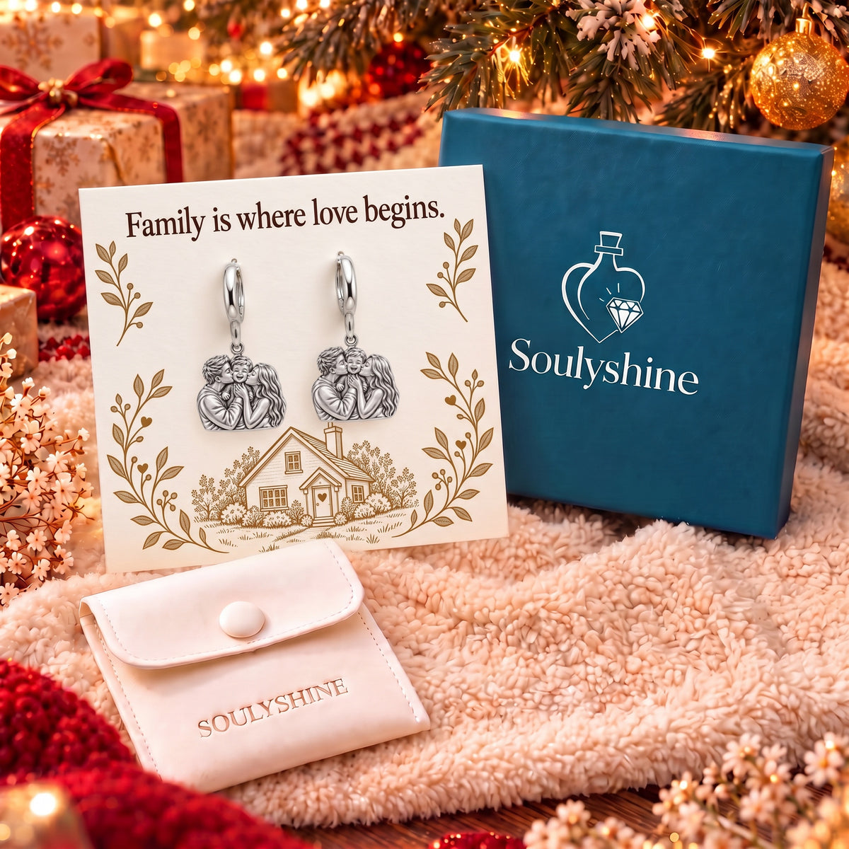 Family Is Where Love Begins Huggie Charm Earrings – gift box with the message card