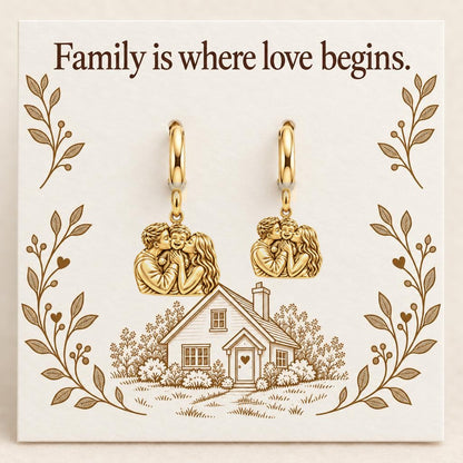 Family Is Where Love Begins Huggie Charm Earrings – 18K gold, on its message card