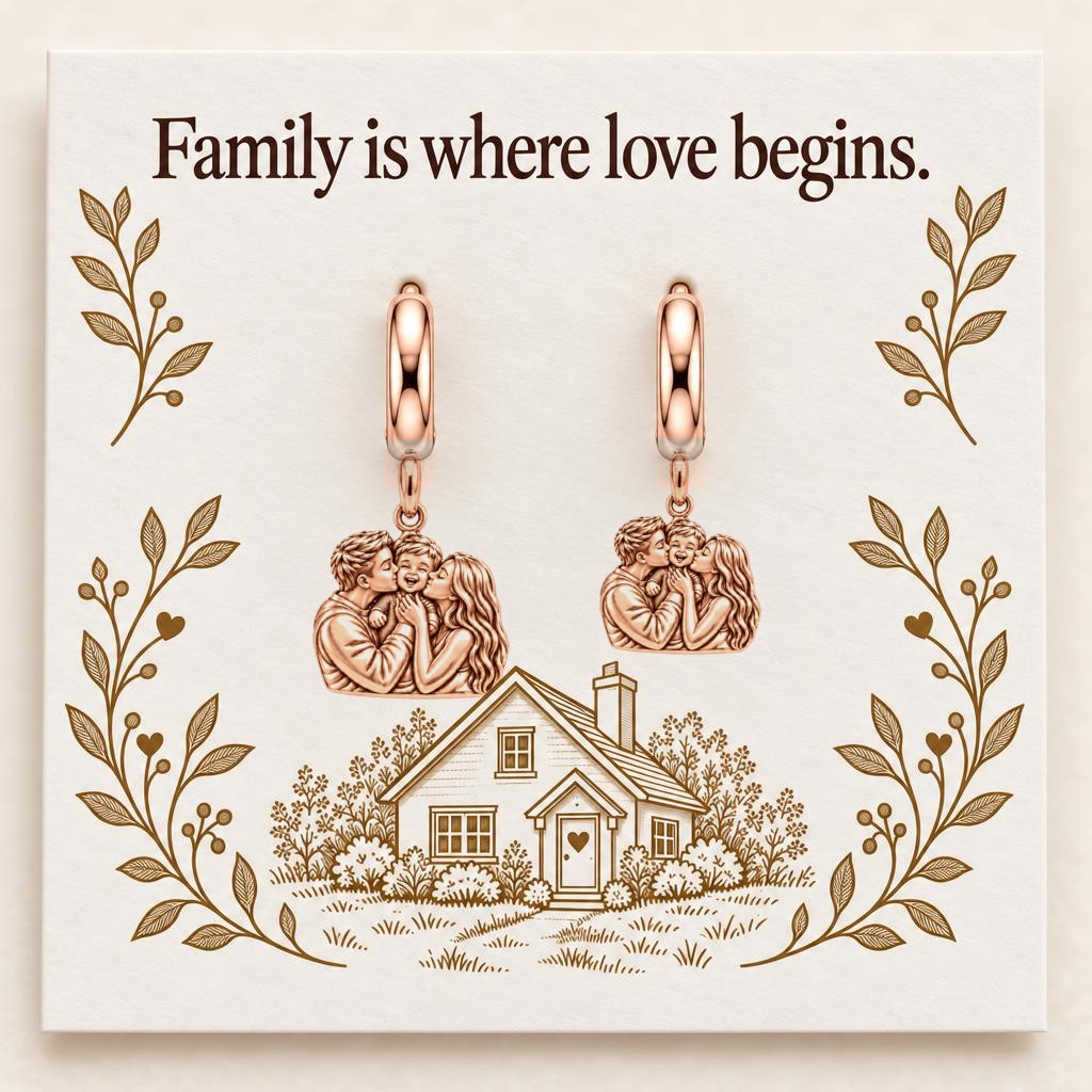 Family Is Where Love Begins Huggie Charm Earrings – rose gold, on its message card