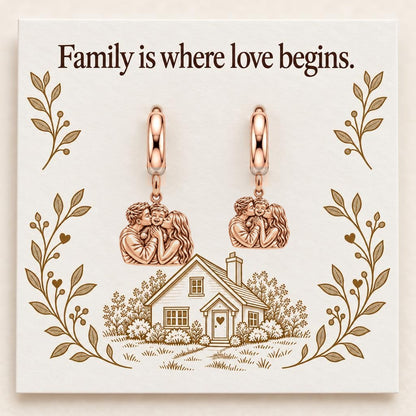 Family Is Where Love Begins Huggie Charm Earrings – rose gold, on its message card