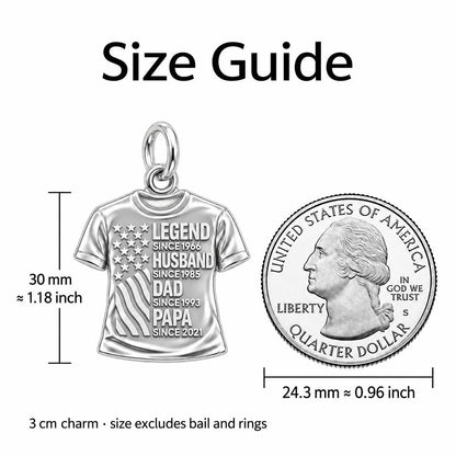 Family Legacy Tee Charm Bracelet – Personalized Papa Gift – size guide, 3 cm charm next to a quarter