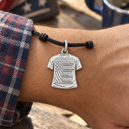 Family Legacy Tee Charm Bracelet – Personalized Papa Gift – worn on the wrist on a black cord bracelet