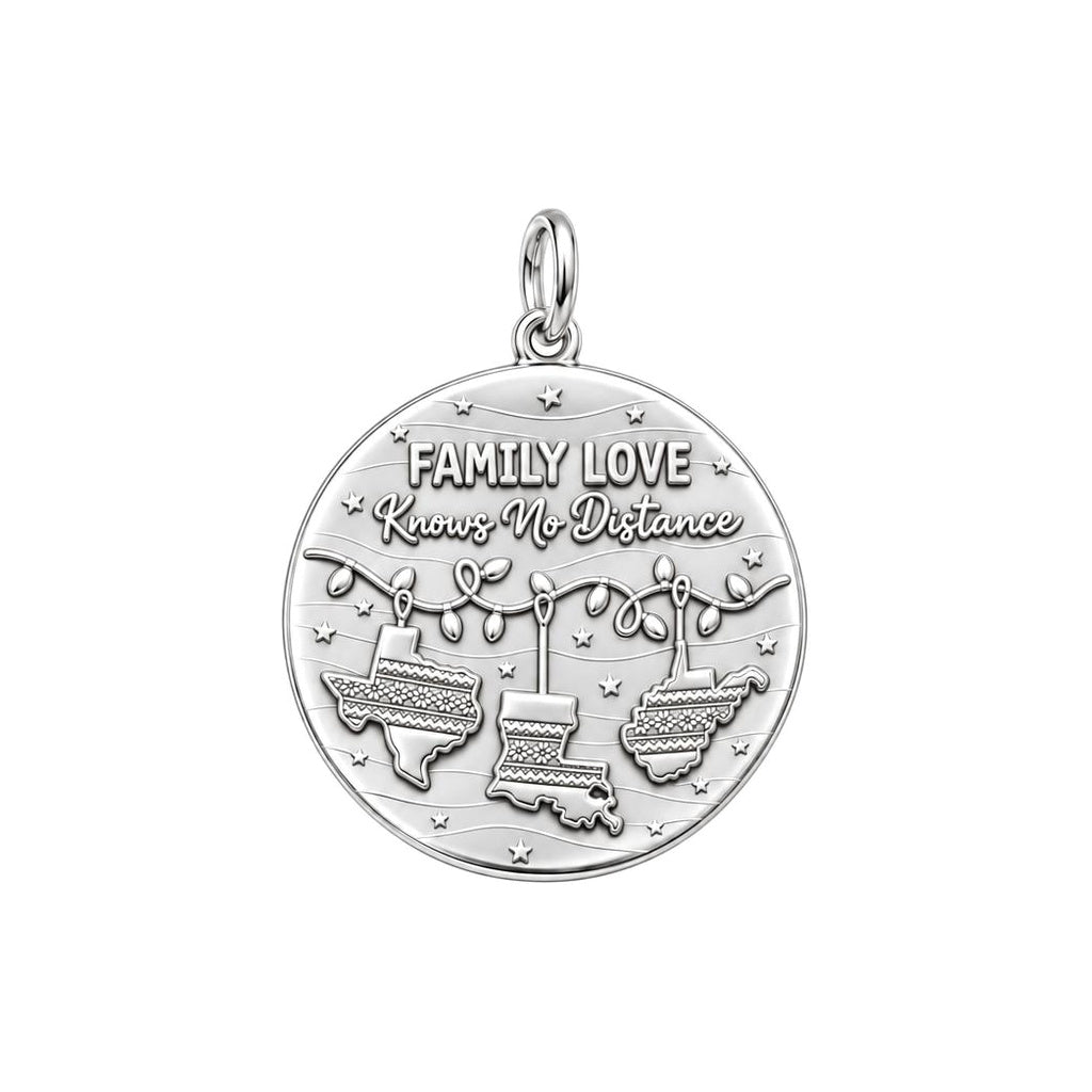Family Love Knows No Distance Charm Bracelet – Personalized Mom Gift – silver plated 3 cm charm, front view