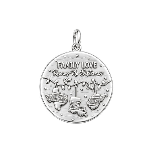 Family Love Knows No Distance Charm Bracelet – Personalized Mom Gift – silver plated 3 cm charm, front view