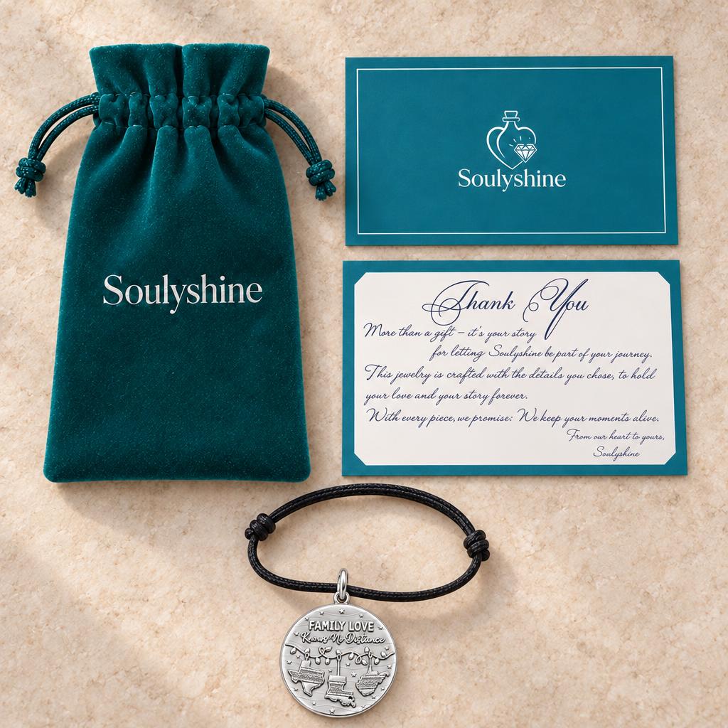 Family Love Knows No Distance Charm Bracelet – Personalized Mom Gift – Soulyshine velvet pouch and gift card