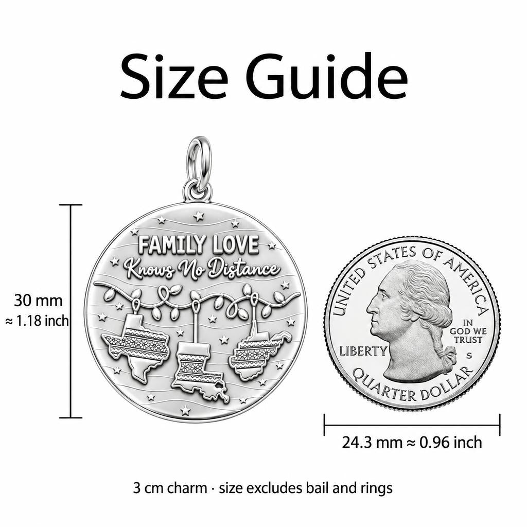 Family Love Knows No Distance Charm Bracelet – Personalized Mom Gift – size guide, 3 cm charm next to a quarter