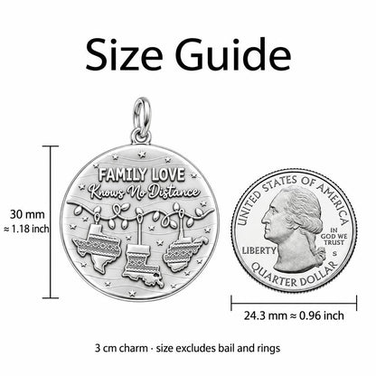 Family Love Knows No Distance Charm Bracelet – Personalized Mom Gift – size guide, 3 cm charm next to a quarter