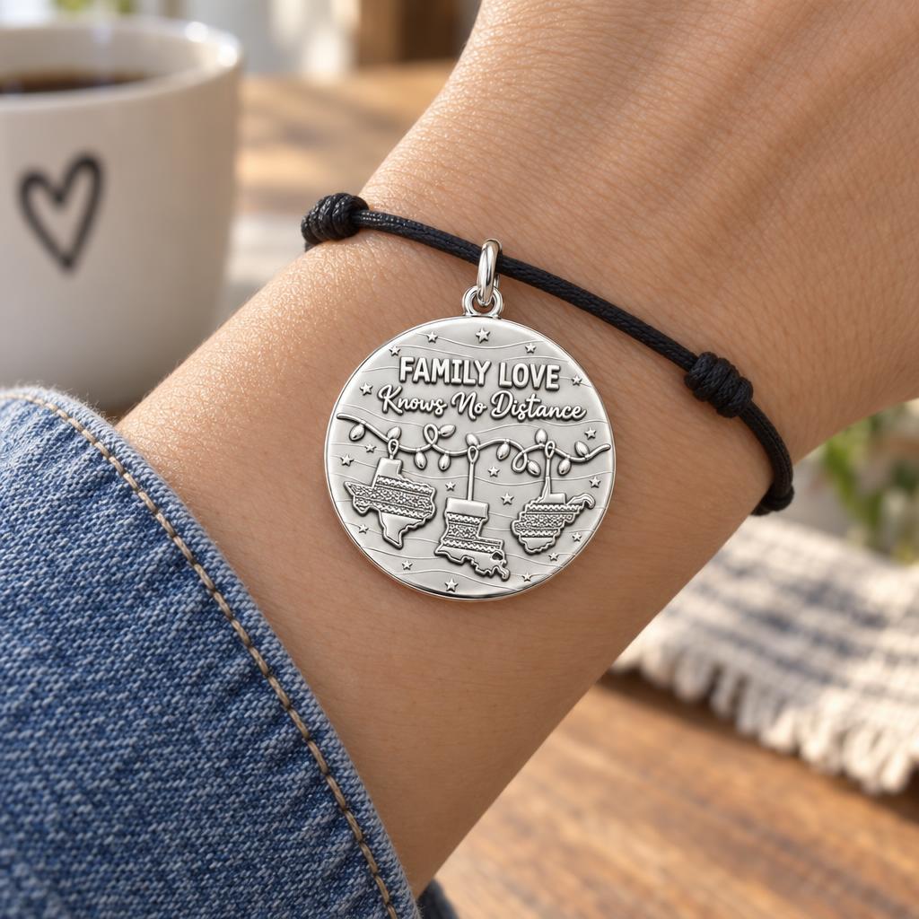Family Love Knows No Distance Charm Bracelet – Personalized Mom Gift – worn on the wrist on a black cord bracelet