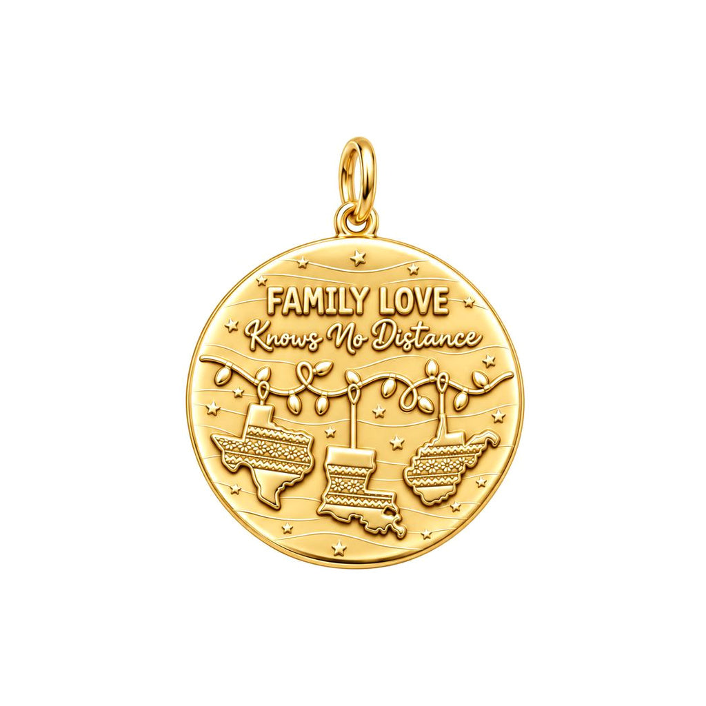 Family Love Knows No Distance Charm Bracelet – Personalized Mom Gift – 18K gold plated 3 cm charm, front view
