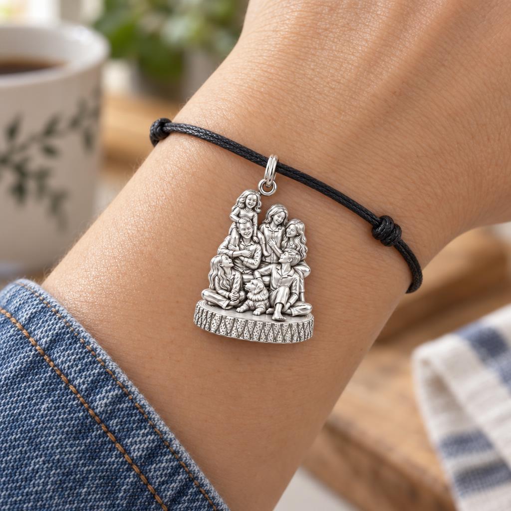 Family Portrait Charm Bracelet – Personalized Mom Gift – worn on the wrist on a black cord bracelet