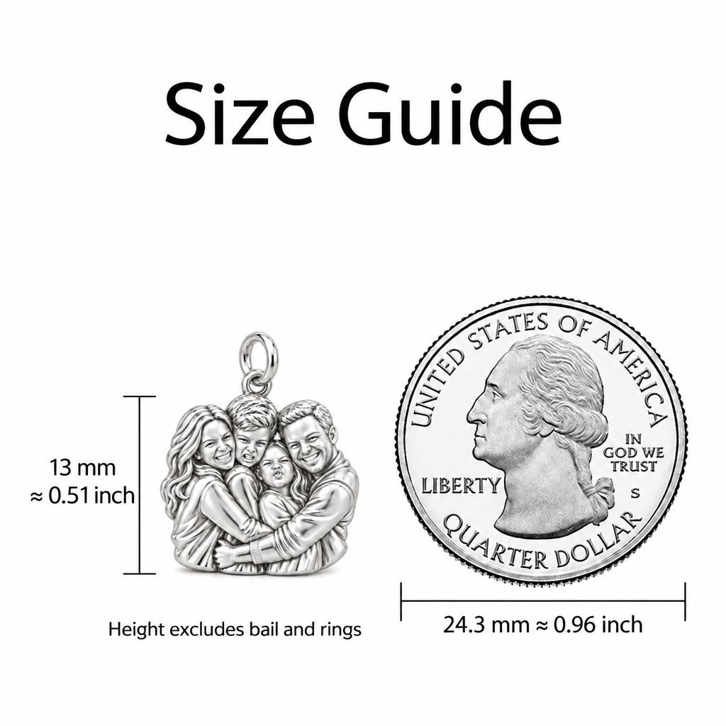 Family Portrait Hug Charm Bracelet Set – size guide, 13 mm charm next to a quarter