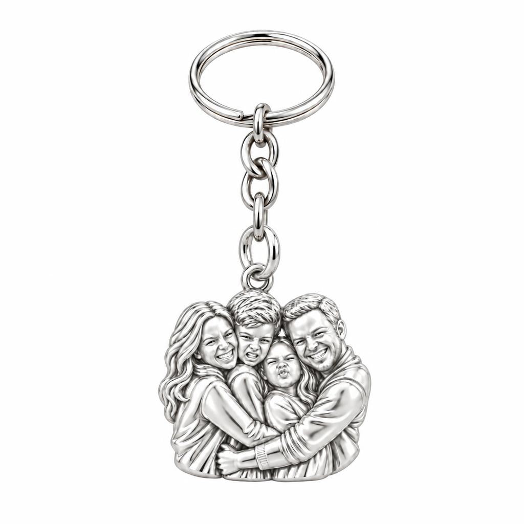 Family Portrait Hug Charm Keychain – silver, front view
