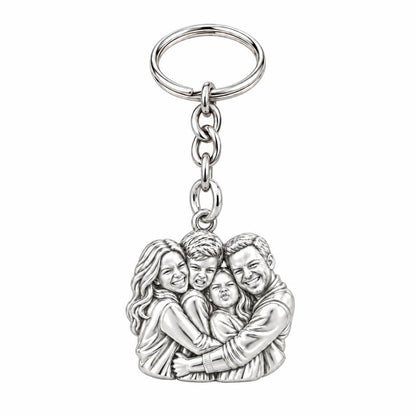 Family Portrait Hug Charm Keychain – silver, front view