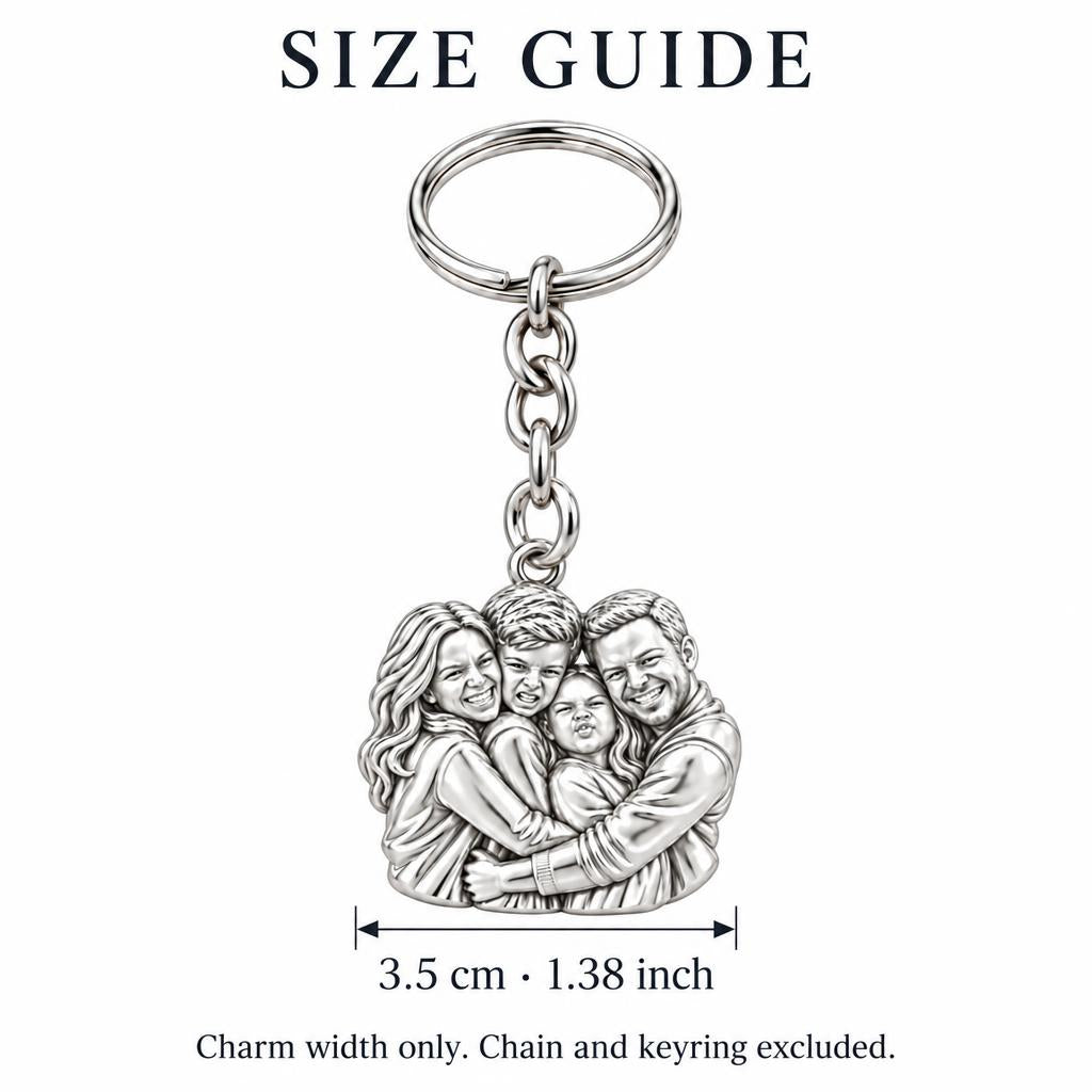 Family Portrait Hug Charm Keychain – size guide, 3.5 cm (1.38 in) charm, chain and keyring excluded