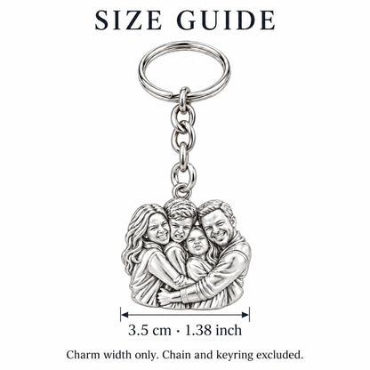Family Portrait Hug Charm Keychain – size guide, 3.5 cm (1.38 in) charm, chain and keyring excluded