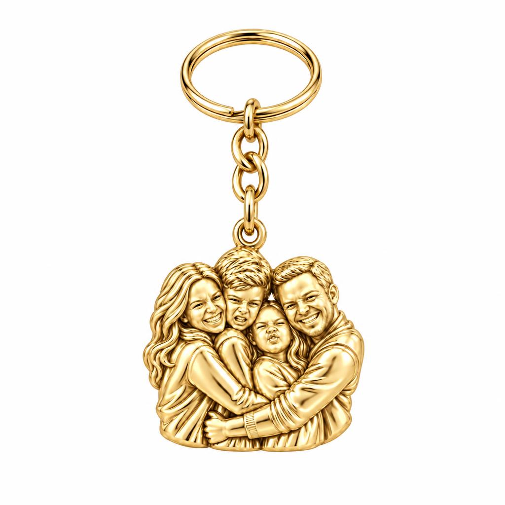 Family Portrait Hug Charm Keychain – 18K gold, front view